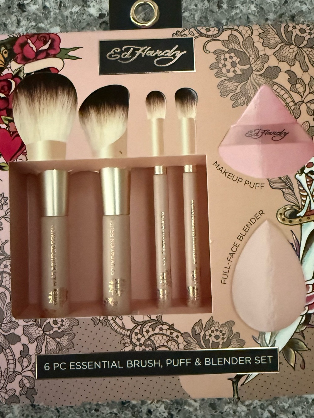 Ed Hardy Pink & Gold 6-Piece Makeup Brush, Puff & Blender Set
